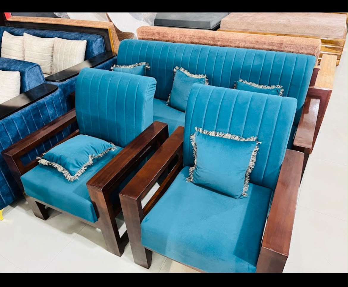 Teal fabric sofa set with wooden frame